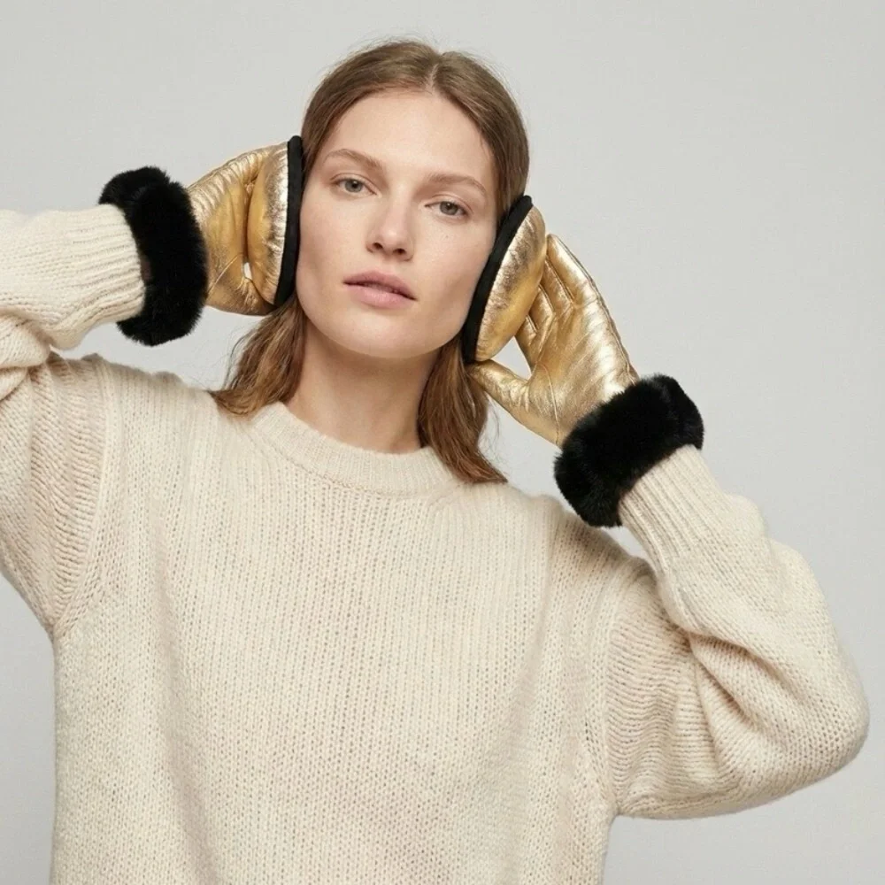 NWT UR Powered Rose Gold Leather Bluetooth Ear Warmers + Fur Cuff Gloves Set